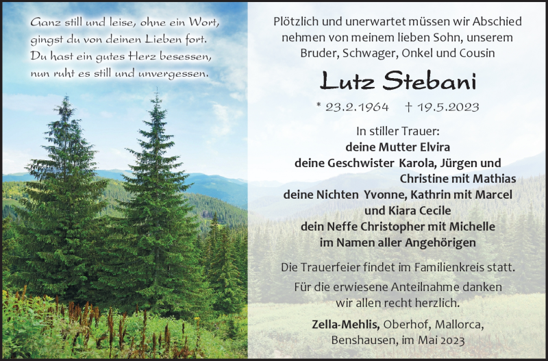  Traueranzeige für Lutz Stebani vom 27.05.2023 aus Südthüringer Presse