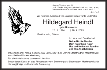 Traueranzeige von Hildegard Heindl von Frankenpost