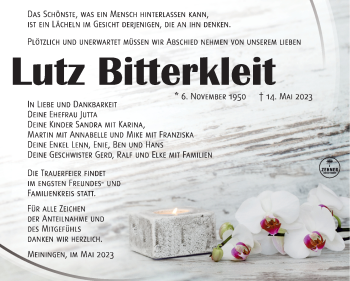 Traueranzeige von Lutz Bitterkleit von Südthüringer Presse