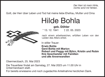 Traueranzeige von Hilde Bohla von Neue Presse Coburg