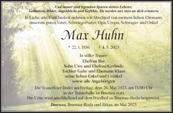 Traueranzeige von Max Huhn von Südthüringer Presse