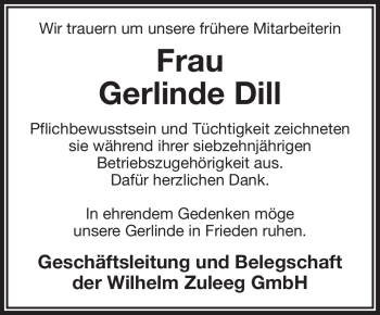 Traueranzeige von Gerlinde Dill von Frankenpost