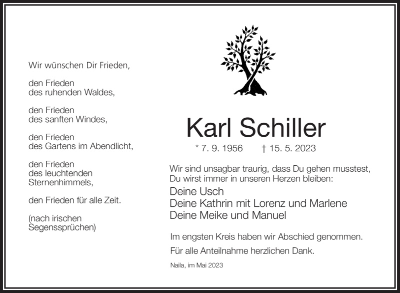  Traueranzeige für Karl Schiller vom 27.05.2023 aus Frankenpost