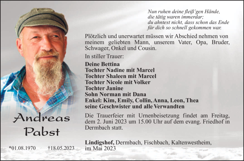  Traueranzeige für Andreas Pabst vom 27.05.2023 aus Südthüringer Presse