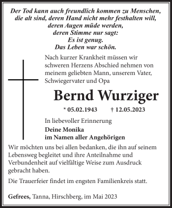 Traueranzeige von Bernd Wurziger von Frankenpost