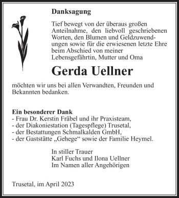 Traueranzeige von Gerda Uellner von Südthüringer Presse