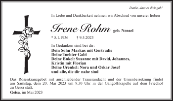 Traueranzeige von Irene Rohm von Südthüringer Presse