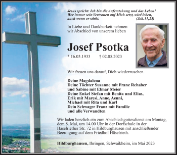 Traueranzeige von Josef Psotka von Südthüringer Presse
