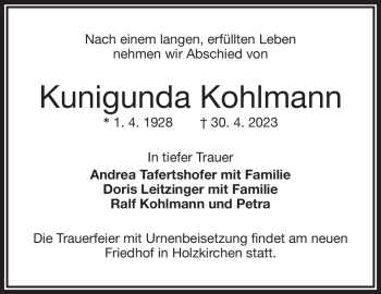 Traueranzeige von Kunigunda Kohlmann von Frankenpost