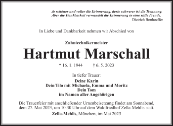 Traueranzeige von Hartmut Marschall von Südthüringer Presse