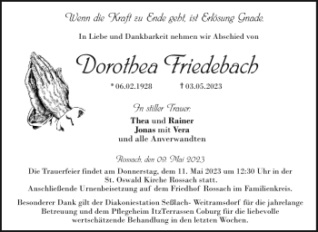 Traueranzeige von Dorothea Friedebach von Neue Presse Coburg