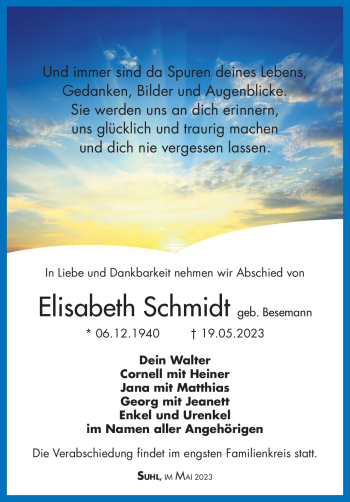 Traueranzeige von Elisabeth Schmidt von Südthüringer Presse