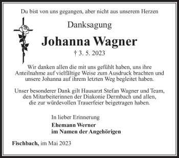 Traueranzeige von Johanna Wagner von Südthüringer Presse