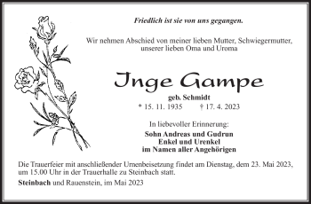 Traueranzeige von Inge Gampe von Südthüringer Presse