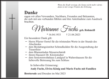 Traueranzeige von Marianne Fuchs von Südthüringer Presse