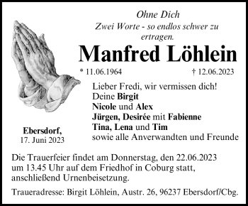 Traueranzeige von Manfred Löhlein von Neue Presse Coburg