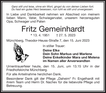 Traueranzeige von Fritz Gemeinhardt von Frankenpost