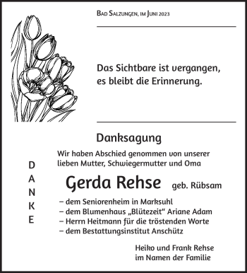 Traueranzeige von Gerda Rehse von Südthüringer Presse