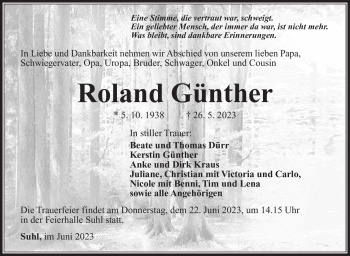 Traueranzeige von Roland Günther von Südthüringer Presse
