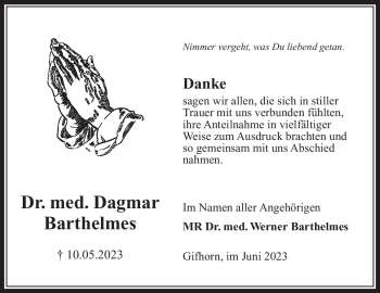 Traueranzeige von Dagmar Barthelmes von Südthüringer Presse