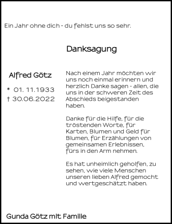 Traueranzeige von Alfred Götz von Südthüringer Presse