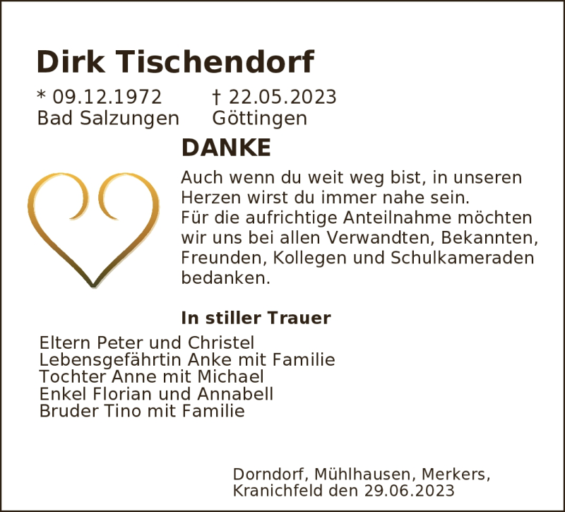  Traueranzeige für Dirk Tischendorf vom 29.06.2023 aus Südthüringer Presse
