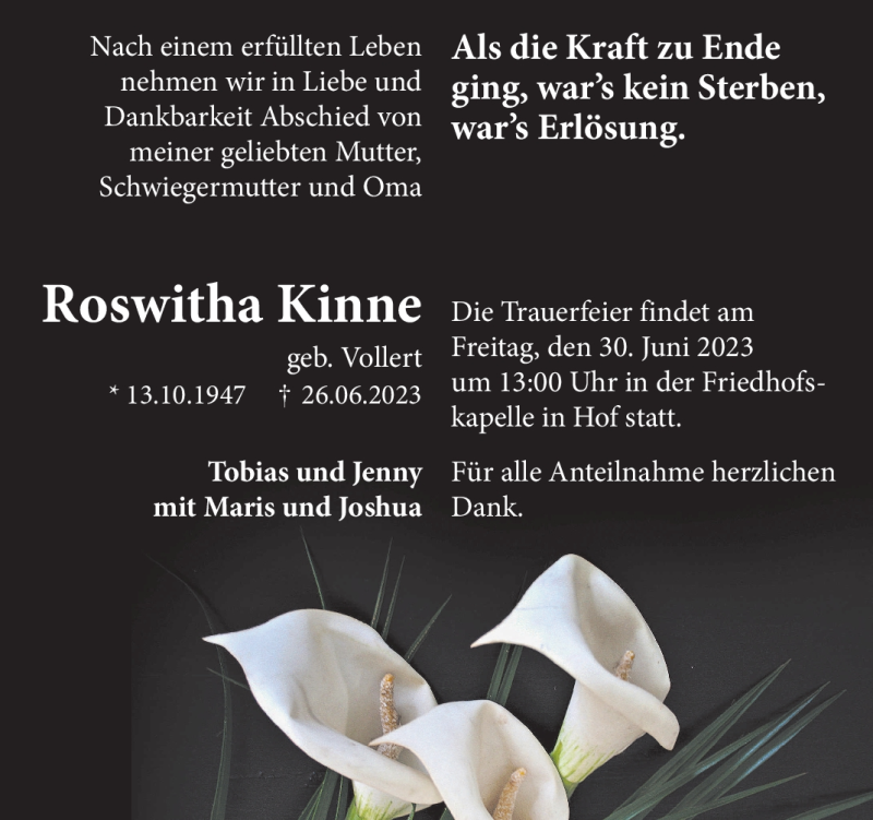  Traueranzeige für Roswitha Kinne vom 29.06.2023 aus Frankenpost