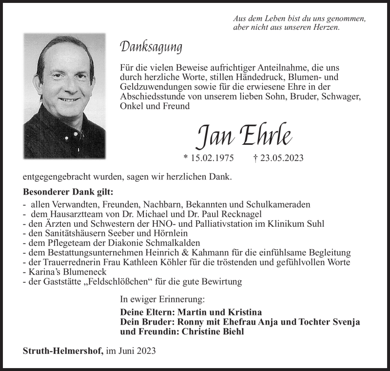  Traueranzeige für Jan Ehrle vom 10.06.2023 aus Südthüringer Presse