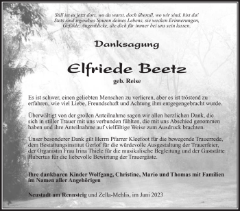 Traueranzeige von Elfriede Beetz von Südthüringer Presse