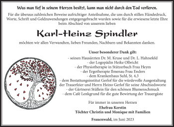 Traueranzeige von Karl-Heinz Spindler von Südthüringer Presse