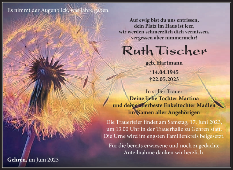  Traueranzeige für Ruth Tischer vom 03.06.2023 aus Südthüringer Presse