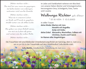 Traueranzeige von Walburga Richter von Südthüringer Presse
