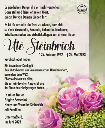 Traueranzeige von Ute Steinbrich von Südthüringer Presse