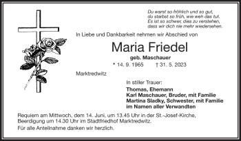 Traueranzeige von Maria Friedel von Frankenpost