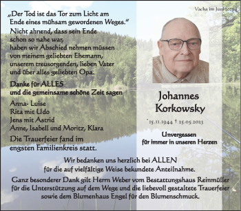 Traueranzeige von Johannes Korkowsky von Südthüringer Presse