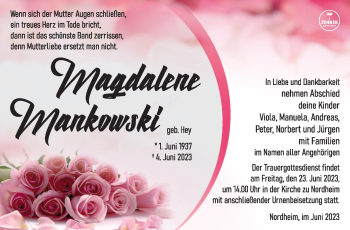 Traueranzeige von Magdalene Mankowski von Südthüringer Presse