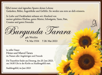 Traueranzeige von Burgunda Tarara von Südthüringer Presse