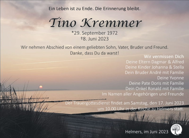  Traueranzeige für Tino Kremmer vom 14.06.2023 aus Südthüringer Presse