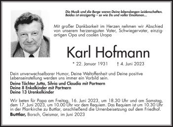 Traueranzeige von Karl Hofmann von Südthüringer Presse