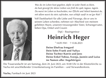 Traueranzeige von Heinrich Heger von Südthüringer Presse