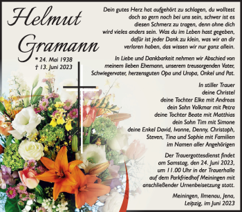 Traueranzeige von Helmut Gramann von Südthüringer Presse