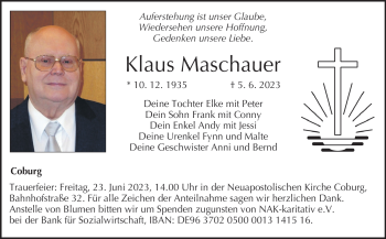 Traueranzeige von Klaus Maschauer von Neue Presse Coburg