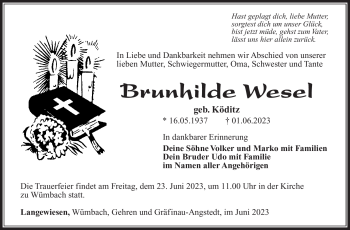 Traueranzeige von Brunhilde Wesel von Südthüringer Presse