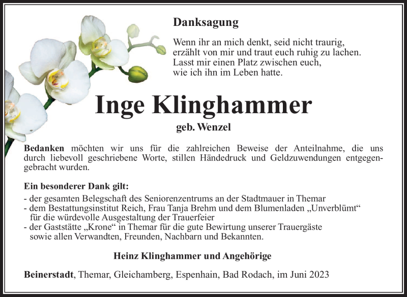  Traueranzeige für Inge Klinghammer vom 03.06.2023 aus Südthüringer Presse