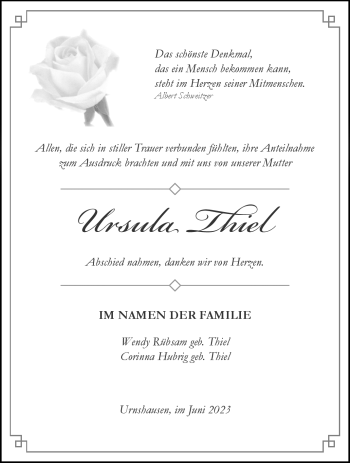 Traueranzeige von Ursula Thiel von Südthüringer Presse