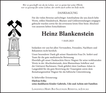 Traueranzeige von Heinz Blankenstein von Südthüringer Presse