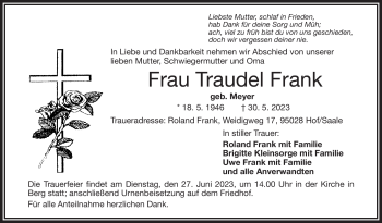 Traueranzeige von Traudel Frank von Frankenpost