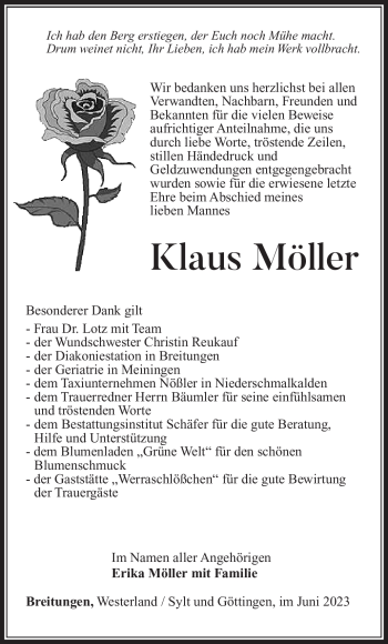 Traueranzeige von Klaus Möller von Südthüringer Presse