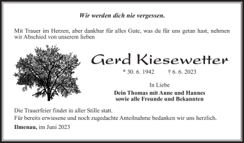 Traueranzeige von Gerd Kiesewetter von Südthüringer Presse