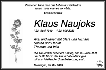 Traueranzeige von Klaus Naujocks von Südthüringer Presse